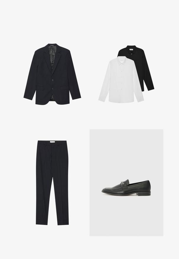 Must värviga bleiser, mis on valmistatud tekstuurilisest kangast, millel on sahtli krae, kaks esist pocket, kaks nuppu ja mustriline vooder.; Valged ja mustad pika varrukaga särgid teravate kraede, esipainutuste ja siledast kangast tekstuuriga. Sildid on nähtavad sisekrae peal.; Mustad kohandatud püksid lamedate esipooltega, tavaline lõige, valmistatud sileda kangaga, sisaldavad pressitud voldid ja küljetaskud.; Must haveate nahkking punased, millel on sile viimistlus, tikitud muster ja dekoratiivne metallkett vampi üle. Tasane konts.