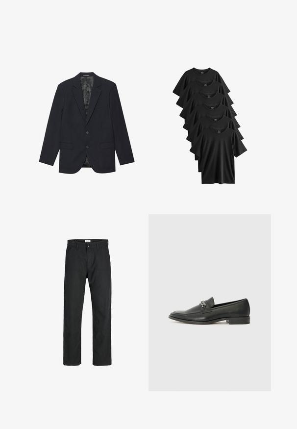 Black blazer made from textured fabric, featuring a notched collar, two front pockets, two buttons, and a patterned inner lining.; Set of six short-sleeve black t-shirts made from cotton, featuring a crew neckline and straight hem, with a smooth texture.; Black pants made of durable fabric, featuring a straight-leg design, stitched accents, and two front pockets for functionality.; Black leather loafer with a smooth finish, featuring a stitched design and a decorative metal chain accent across the vamp. Flat heel.