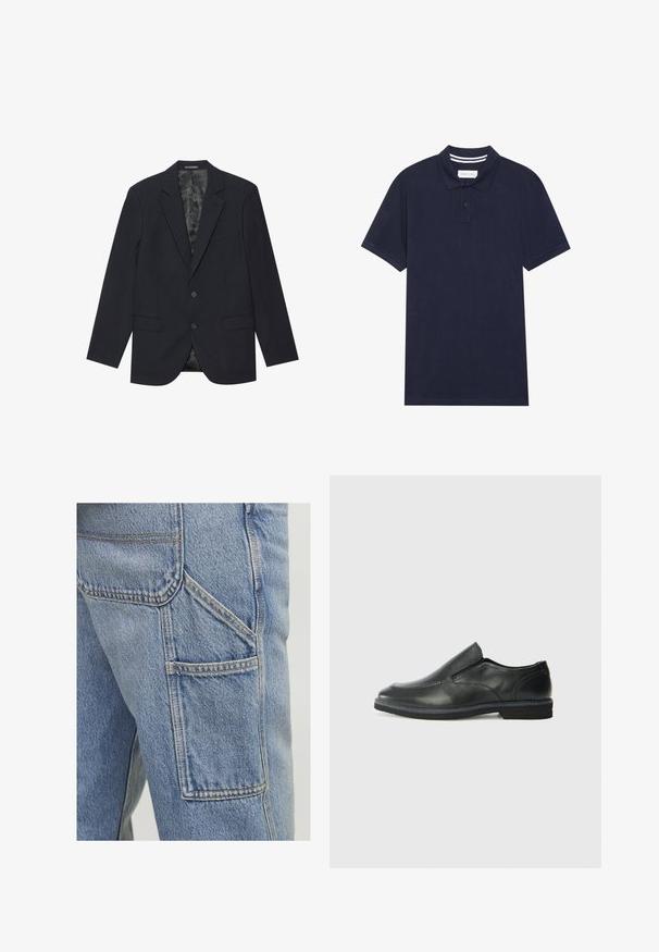 Fekete blazer textúrált anyagból, kötött gallérral, két elülső zsebbel, két gombbal és mintás bélésével.; Sötétkék pólóing, texturált anyagból készült, három gombos nyakmegoldással, rövid ujjakkal és csíkos gallér részlettel.; Világoskék farmer cargo nadrág, amely nagy oldalzsebekkel, diszkrét varrási részletekkel és laza szabással rendelkezik, enyhén texturált felülettel.; Fekete bőr, slip-on cipő sima felsőrésszel, varrott díszítéssel, lekerekített orral és alacsony gumitalppal. A talpa minimális bordázattal rendelkezik.