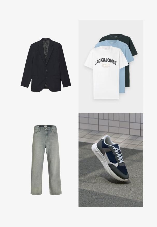 Μαύρο σακάκι από υφασμάτινη υφή, με κομμένο γιακά, δύο μπροστινές τσέπες, δύο κουμπιά και επενδυμένο με σχέδια εσωτερικό.; Τρία διπλωμένα κοντομάνικα μπλουζάκια με στρογγυλή λαιμόκοψη σε λευκό με το λογότυπο Jack & Jones, απαλό μπλε και μαύρο, στοιβαγμένα σε λευκό φόντο.; Ανοιχτό γκρι, χαλαρά εφαρμοστά τζιν φτιαγμένα από denim. Διαθέτουν κλασικό σχέδιο πέντε τσεπών, θηλιές ζώνης και ίσια γραμμή.; Αθλητικά παπούτσια με επάνω μέρος από ναυτικό μπλε διχτυωτό ύφασμα, γκρι σουέτ λεπτομέρειες, λευκή καουτσούκ σόλα και επίπεδα λευκά κορδόνια, σχεδιασμένα για άνεση και αερισμό.