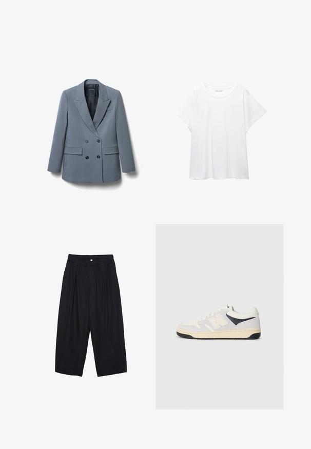 Blazer grigio doppiopetto realizzato in tessuto liscio, con ampi rever, due tasche frontali e bottoni neri per la chiusura.; T-shirt bianco realizzato in un tessuto morbido e leggero. Presenta un collo rotondo e maniche corte e larghe con vestibilità morbida. Nessun motivo visibile.; Pantaloni culotte neri in poliestere con una cintura elastica, due pieghe frontali e una silhouette ampia. Nessun motivo visibile o dettagli in metallo.; Sneaker sportivo in bianco, grigio e nero. Presenta materiali in suede e tessuto, punta perforata e logo sul lato. Suola in gomma.