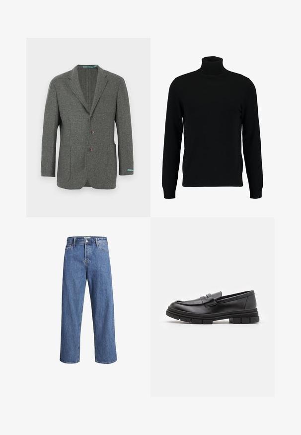 Γκρι μάλλινο σακάκι με γιακά με εγκοπές, τρία κουμπιά, δύο εμπρόσθιες τσέπες και μπλε ετικέτα επωνυμίας στο μανίκι. Υφασμάτινο φινίρισμα με υφή.; Μαύρο πουλόβερ με ψηλό λαιμό φτιαγμένο από μαλακό πλεκτό υλικό. Διαθέτει μακριά μανίκια, ριχτό γιακά και στρίφωμα. Απλό, κομψό σχέδιο χωρίς σχέδια.; Ανοιχτό μπλε τζιν παντελόνι με ευθεία γραμμή, ψηλή μέση και ελάχιστες λεπτομέρειες ραφής. Το ύφασμα έχει απαλή, ελαφρώς ξεθωριασμένη υφή.; Μαύρο δερμάτινο loafers με λείο φινίρισμα, που διαθέτει λεπτομέρεια μπροστινής ταινίας και χοντρή ελαστική σόλα με γραμμωτές λεπτομέρειες.
