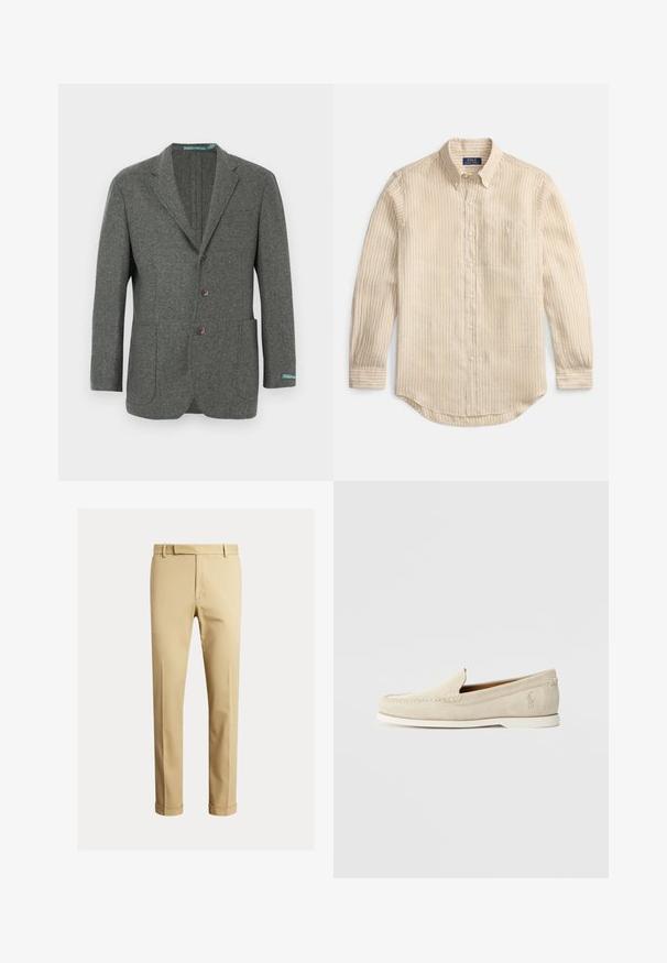 Gray wool blazer with a notched lapel, three buttons, two front pockets, and a blue brand label at the cuff. Textured fabric finish.; Beige long-sleeve button-up shirt with white vertical stripes, button-down collar, chest pocket, and "Polo Ralph Lauren" label inside collar.; Khaki chinos made of smooth cotton fabric, featuring a fitted design, front pleats, and cuffs at the ankle for a tapered look.; Polo Ralph Lauren MERTON VENETIAN LOAFER - Moccasins - milkshake