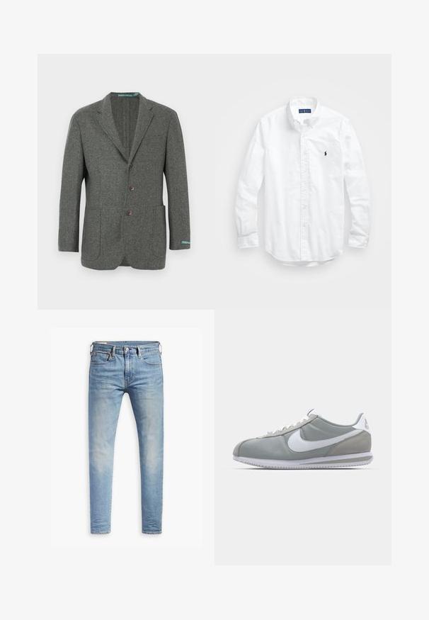 Šedé vlněné sako s klopovým límcem, třemi knoflíky, dvěma předními kapsami a modrou značkovou nášivkou na manžetě. Texturovaný povrch materiálu.; Bílá košile s dlouhým rukávem a knoflíkovým zapínáním vyrobená z bavlny. Má klasický límec, knoflíkové manžety a malé námořnické vyšívané logo na hrudi.; Světle modré slim-fit džíny s mírným vyblednutím na stehnech, zapínání na knoflík vpředu, poutka na opasek a pět kapes na bílém pozadí.; Šedá sportovní bota s svrchní částí z semiše a textilu, bílým logem Nike a bílými tkaničkami. Obsahuje texturovanou gumovou podrážku a polstrovaný límec.