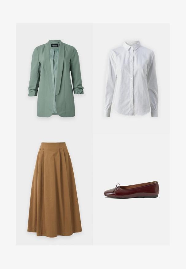 Női zsálya zöld, nyitott elülső blézer háromnegyedes, ráncolt ujjal és sima selyem béléssel.; Fehér, sima pamutből készült gombos ing, klasszikus gallérral, hosszú ujjakkal és ívelt hemvéggel. A gombok kicsik és fehérek.; Barna pamut A-vonalú szoknya magas derékkal, elöl pliszézett és sima textúrával. Az alsó szegélyek letisztultak és egyszerűek.; Burgundi lakkbőr balettcipő kerek orral, elöl kis masni díszítéssel és alacsony, fekete gumi talppal. Simára csiszolt felület.