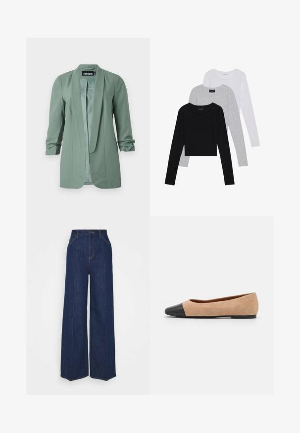 Damernas salviagröna kavaj med öppen front, trekvartsärmar med rynkor och slät satinfodring.; Tre långärmade tröjor staplade: svart, grå och vit. Var och en har en rund halsringning och en kort design med mjukt, lätt material.; Höga vida jeans i mörkblå denim med fram- och bakfickor, knäppning och synliga söm detaljer.; Beige mockasins med rund svart lädertå, låg klack och mjuk yta, med minimal sömnad och en ren design.