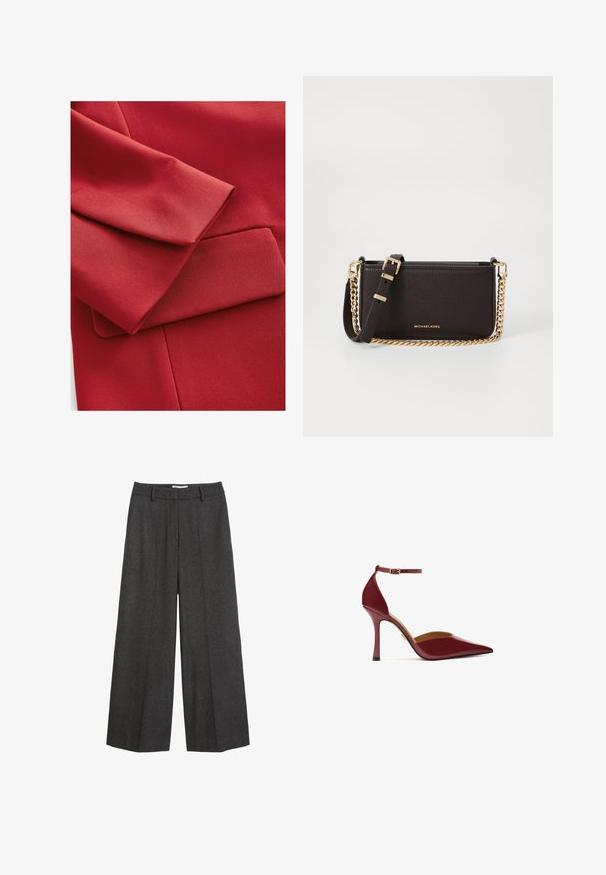 Tessuto rosso caratterizzato da una superficie texturizzata con una manica piegata e un piccolo dettaglio della tasca. Sono visibili linee nette ed elementi di design moderno.; Camicia bianca con bottoni, maniche lunghe, colletto strutturato e orlo arrotondato. Realizzata in un tessuto liscio e uniforme, senza motivi visibili o dettagli.; Pantaloni a gamba larga in tessuto grigio scuro. Presentano una vita sartoriale con passanti per cintura, una texture liscia e accenti di cucitura minimal.; Stivale bordeaux con tacco alto, finitura lucida, punta affusolata, cinturino alla caviglia con fibbia dorata e tacco a spillo snodato.; MICHAEL Michael Kors BRYANT SM XBODY POUCHETTE - Borsa a tracolla - chocolate