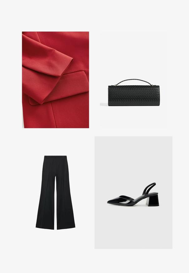 Tissu rouge présentant une surface texturée avec une manche repliée et un petit détail de poche. Des lignes épurées et des éléments de design moderne sont visibles.; Chemise noire à manches longues en tissu lisse, dotée d'un col classique, d'une fermeture à boutons sur le devant avec des boutons dorés, et de larges poignets.; Pantalons larges noirs avec une texture lisse, présentant des plis sur le devant et un design ajusté. Le tissu est léger et fluide.; Escarpins en cuir verni noir avec bout pointu et talon bloc géométrique. Présente un design élégant et minimaliste ainsi qu'une texture lisse.; Pochette en cuir tressé noir de forme rectangulaire, avec une fine poignée et de subtils accents en matériel doré.
