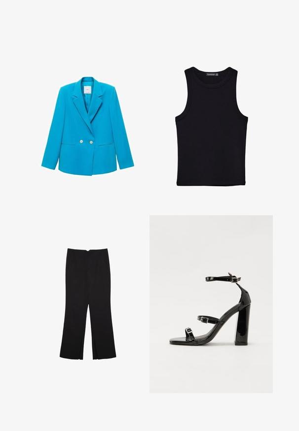 Tyrkysový blejzr s dvojřadým zapínáním, s klopami, dvěma předními kapsami a bílými knoflíky. Hladká textilie.; Černý top na ramínka vyrobený z bavlny, s kulatým výstřihem a širokými průramky. Hladká textura s prošitými lemy. Klasický, minimalistický design.; Černé kalhoty s rovným střihem, s předními kapsami a bočními rozparky na lemu. Vyrobené z jemné, hladké tkaniny. Vhodné na různé příležitosti.; Černé lakované sandály na vysokém podpatku se dvěma pásky se sponami, čtvercovou špičkou a robustním blokovým podpatkem, s hladkou, lesklou texturou.