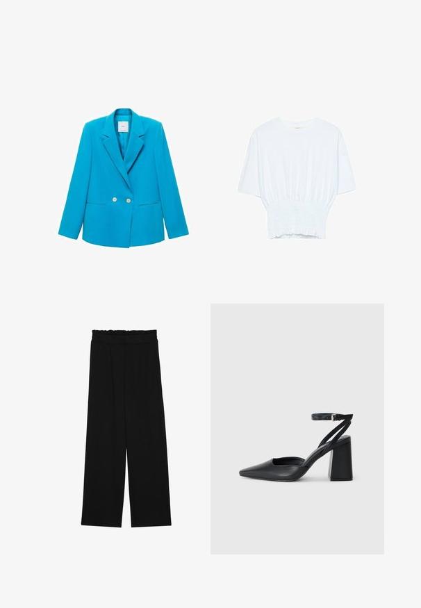 Turkizna blazer z dvojnim zapenjanjem, odrezanimi reverji, dvema sprednjima žepoma in belimi gumbi. Gladek tekstil.; Bela majica s kratkimi rokavi sproščenega kroja in z gubanim materialom na pasu. Narejena iz mehkega, lahkega blaga.; Črne široke hlače s nabranim pasom, ki imajo dva stranska žepa in so izdelane iz gladkega, lahkega blaga. Brez vidnih vzorcev ali kovinskega okova.; Črne usnjene klasične čevlje z ostrim nosom, z zaponko za gleženj in debelim peto. Ravna tekstura, eleganten dizajn in minimalistična estetika.