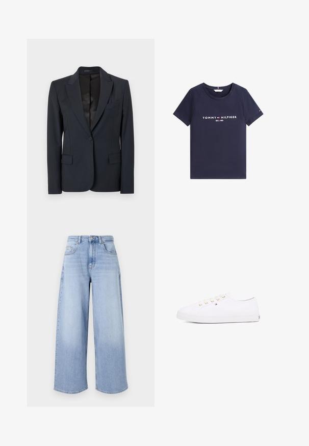 Donker marineblauwe blazer met een gestructureerd ontwerp, net iets gesneden revers, gesloten met een enkele knoop en twee voorzakken. Glad stof met een subtiele textuur.; Marineblauw T-shirt met korte mouwen, ronde hals en witte tekst "Tommy Hilfiger EST. 1985" en logo aan de voorkant.; Lichtblauwe wijde jeans van denim. Voorzien van een hoge taille, vijf zakken en een knoopsluiting. Ongelse randen aan de zoom.; Witte canvas sneaker met gouden veterogen, platte veters, gestructureerde rubberen zool en minimalistische branding aan de zijkant. Laagprofiel ontwerp.