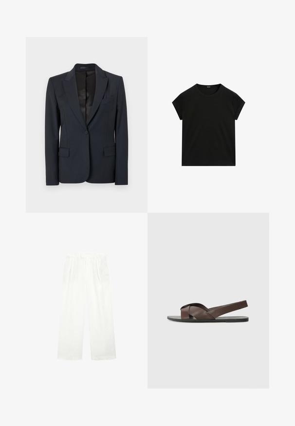 Mörk marinblå blazer med en strukturerad design, med snedställda slag, enkel knappstängning och två framfickor. Slät tyg med en subtil struktur.; Svart kortärmad t-shirt med rund halsringning och rak fåll, visad liggande på en vit bakgrund.; Vita vida byxor i ett lätt tyg, med platt front, veck och midjeresår, som ger en lös och luftig passform.; Brun lädersandal med ett korsremdesign, platt svart sula och justerbar baksida. Slät yta och minimala hårdvarudetaljer.