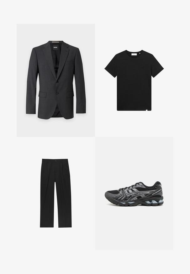 Tmavě šedý blejzr s klasickým klopovým límcem, dvěma předními kapsami, zapínáním na jeden knoflík a jemně texturovanou tkaninou. Interiér je černý.; Černé tričko s krátkým rukávem vyrobené z bavlny, s kulatým výstřihem a malým vyšitým logem na hrudi. Hladká textura, standardní střih.; Černé kalhoty s rovnými nohavicemi, vyrobené z hladké tkaniny. Mají přední záhyby a jedno knoflíkové zapínání v pase.; Černá sportovní bota s vrchní částí ze síťoviny, stříbrnými akcenty a polstrovanou podrážkou. Obsahuje šněrovací design a texturovaný vzor pro lepší přilnavost.