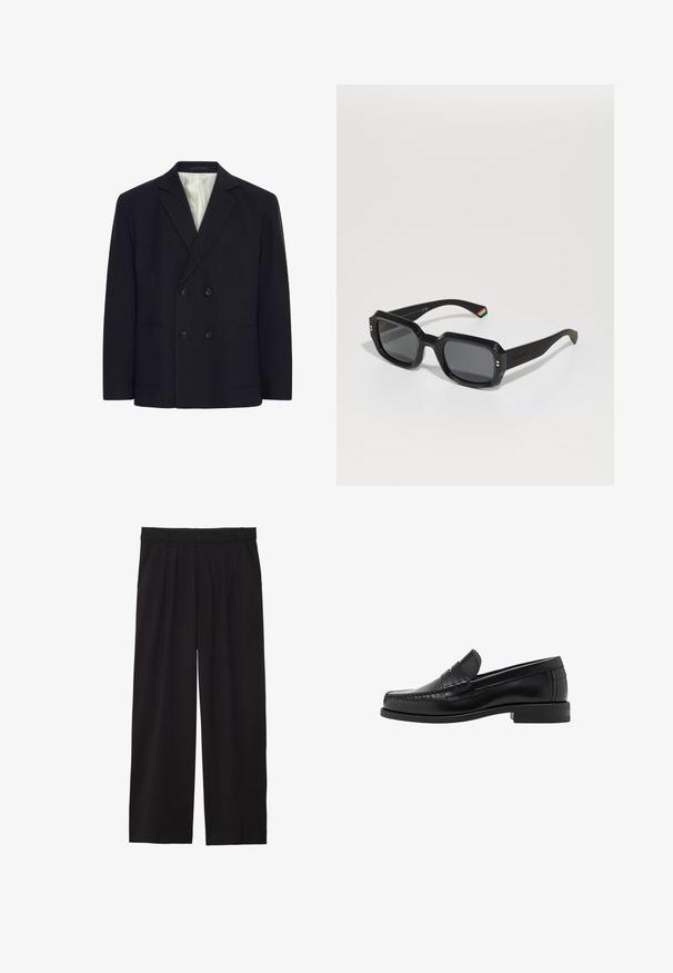 Dvojno zapenjanje črnega blejzerja s štirimi gumbi, zarezanimi reverji, dvema sprednjima žepoma in notranjo podlogo z belimi črtami.; Črn pulover, okrogla izrez, dolgi rokavi, rebrasti manšeti in rob, mehak teksturiran material, enobarven, minimalističen dizajn.; Črne široke hlače z nabranim sprednjim delom, stranskimi žepi in gladko teksturo tkanine. Oblikovane za sproščen kroj.; Črne usnjene loafer čevlje z gladko površino, šivani detajli na prstu in nizka peta za udobje in stil.; Črne pravokotne sončne očala s temnimi lečami, debelimi okvirji, zlatimi detajli in detajlom z mavričnimi črtami na ročaju.