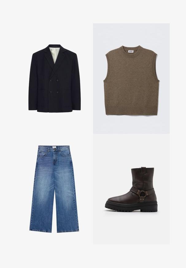 Double-breasted black blazer with four buttons, notched lapels, two front pockets, and white striped inner lining.; Brown sleeveless knit sweater with a round neckline, ribbed edges, and a soft texture; label reads "WEEKDAY."; Wide-leg jeans in light blue denim, featuring a button closure, four pockets, and a slightly faded texture across the fabric.; Brown leather ankle boot with a square toe, buckle accents, and a thick black sole. Features a side zipper and textured surface.