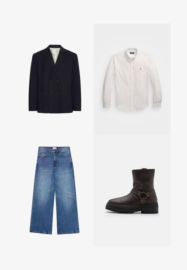 Blazer negro de doble botonadura con cuatro botones, solapas con muesca, dos bolsillos frontales y forro interior de rayas blancas.; Camisa blanca de botones con delgadas rayas verticales en un beige claro. Presenta un cuello clásico, mangas largas y un pequeño logotipo bordado en el pecho.; Pantalones vaqueros de pierna ancha en denim azul claro, con cierre de botón, cuatro bolsillos y una textura ligeramente desvaída en la tela.; Botín de cuero marrón hasta el tobillo con punta cuadrada, detalles de hebilla y suela negra gruesa. Presenta un cierre lateral con cremallera y una superficie texturizada.