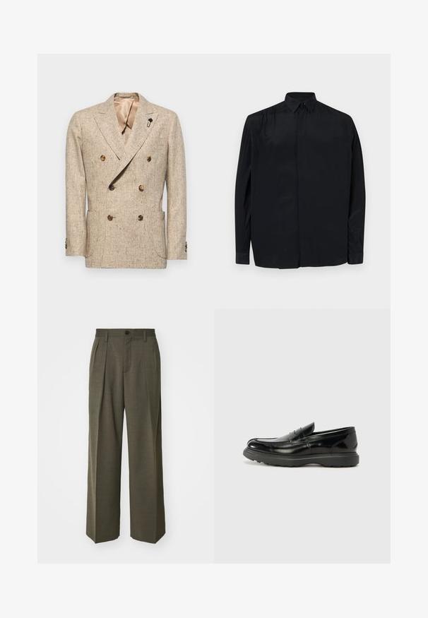 Beżowa marynarka dwurzędowa wykonana z teksturowanej tkaniny, z dużymi brązowymi guzikami i jedwabną podszewką. Zawiera ozdobną czarną szpilkę.; Czarna, długa koszula z długim rękawem, wykonana z gładkiej tkaniny, z klasycznym kołnierzykiem, zapięciem na guziki oraz luźnym krojem i mankietami. ; Filippa K - Spodnie materiałowe; Czarne skórzane mokasyny o błyszczącym wykończeniu, zaokrąglonym nosku, subtelnych detalach szycia i grubym gumowym spodzie dla trwałości.