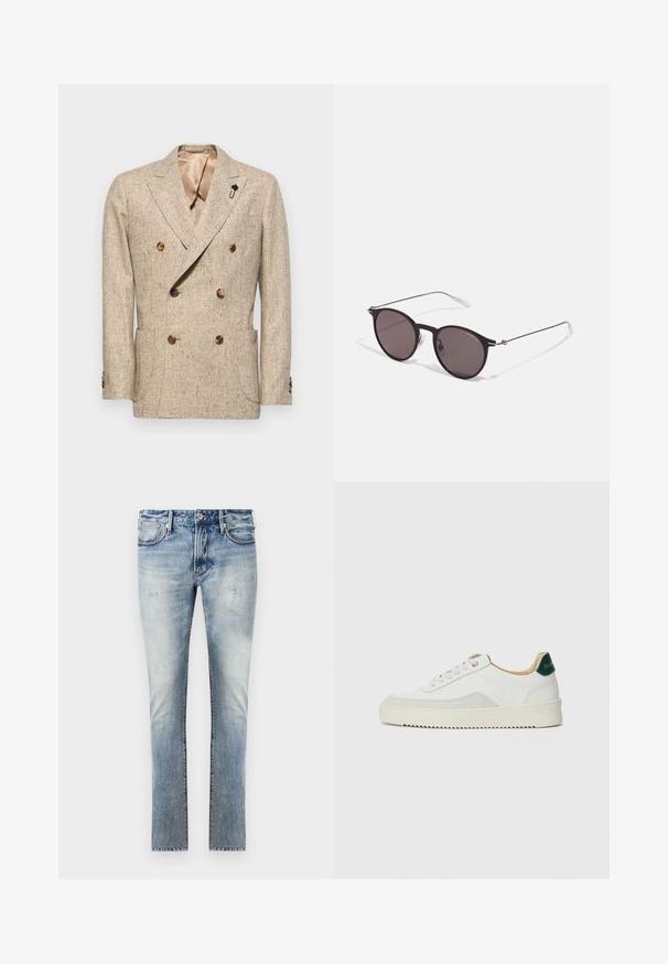 Beżowa marynarka dwurzędowa wykonana z teksturowanej tkaniny, z dużymi brązowymi guzikami i jedwabną podszewką. Zawiera ozdobną czarną szpilkę.; Czarny bawełniany T-shirt z okrągłym dekoltem, krótkimi rękawami oraz białym logo "EMPORIO ARMANI" nad napisem "Milano" w zakrzywionym kształcie.; Jasnoniebieskie dżinsy z wyblakłym wykończeniem, wąski krój, pięć kieszeni i kontrastowe szwy.; Białe trampki z zamszowymi akcentami, zaokrąglony czubek, płaskie sznurowadła i kremowa gumowa podeszwa. Posiadają zielone logo na pięcie.; Czarne okrągłe okulary przeciwsłoneczne z ciemnymi soczewkami i smukłymi metalowymi ramkami. Zawierają przezroczyste końcówki zauszników oraz srebrne akcenty przy zawiasie. Minimalistyczny design.