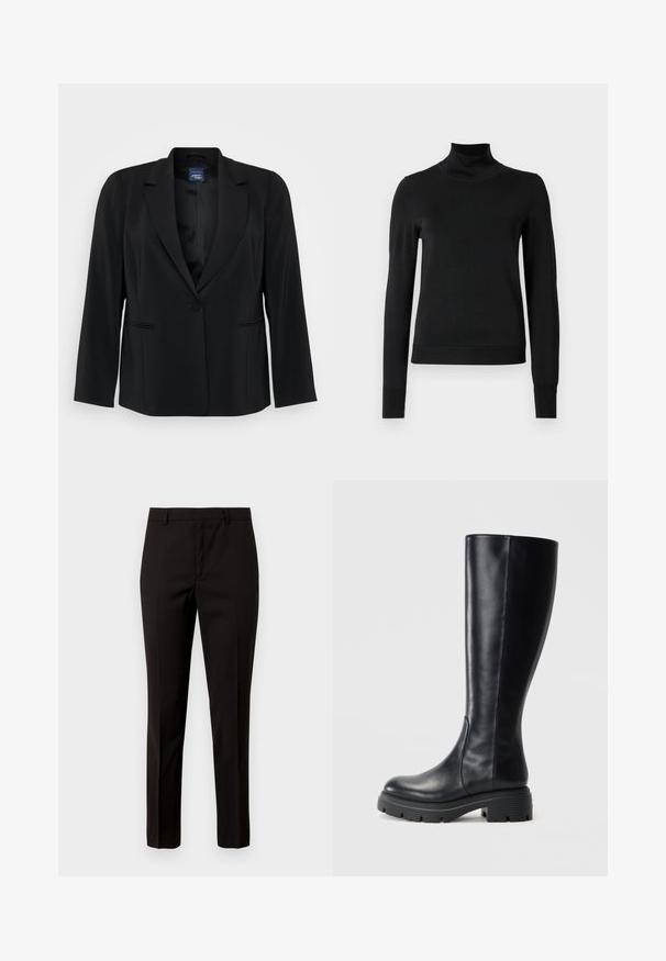 Svart kavaj i slätt tyg, med slagkrage, enknappsstängning och två framfickor med subtila sömmar.; Svart långärmad polotröja med ribbade muddar och nederkant, visad mot en enkel vit bakgrund.; Svarta skräddarsydda byxor med rak bendesign, tillverkade av slät tyg, med flat front och bältesöglor. Inga synliga mönster eller detaljer.; Svarta knälånga stövlar i slätt läder, med rundad tå och en kraftig gummisula med mönster för bra grepp.