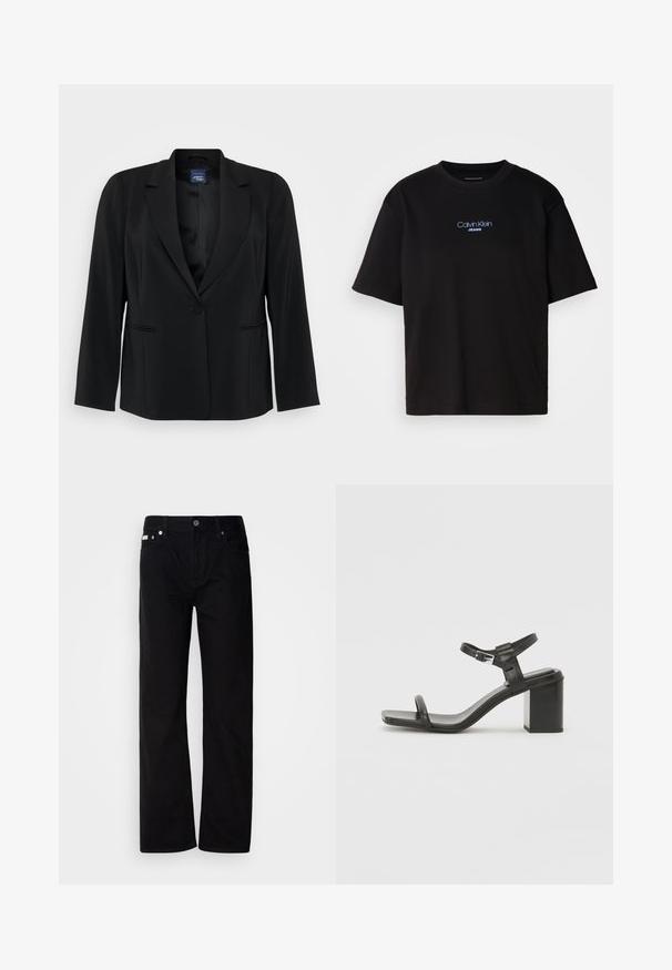 Μαύρο σακάκι από απαλό ύφασμα, με κανονικό πέτο, κούμπωμα με έναν μοναδικό κουμπί και δύο μπροστινές τσέπες με διακριτικές ραφές.; Μαύρο βαμβακερό t-shirt με στρογγυλή λαιμόκοψη, κοντά μανίκια και μπλε κεντημένο λογότυπο "Calvin Klein JEANS" στην μπροστινή πλευρά.; Μαύρο τζιν παντελόνι straight-leg με πέντε τσέπες, ασημένιες καστόνια και κουμπί κλεισίματος. Το ύφασμα έχει μια λείο, ελαφρώς υφασμένο φινίρισμα.; Μαύρη δερμάτινη σαγιονάρα με τακούνι τύπου μπλοκ και φαρδιά λωρίδα που διασχίζει τα δάχτυλα του ποδιού, καθώς και ρυθμιζόμενο λουράκι στον αστράγαλο, με κομψό και μίνιμαλ σχέδιο.