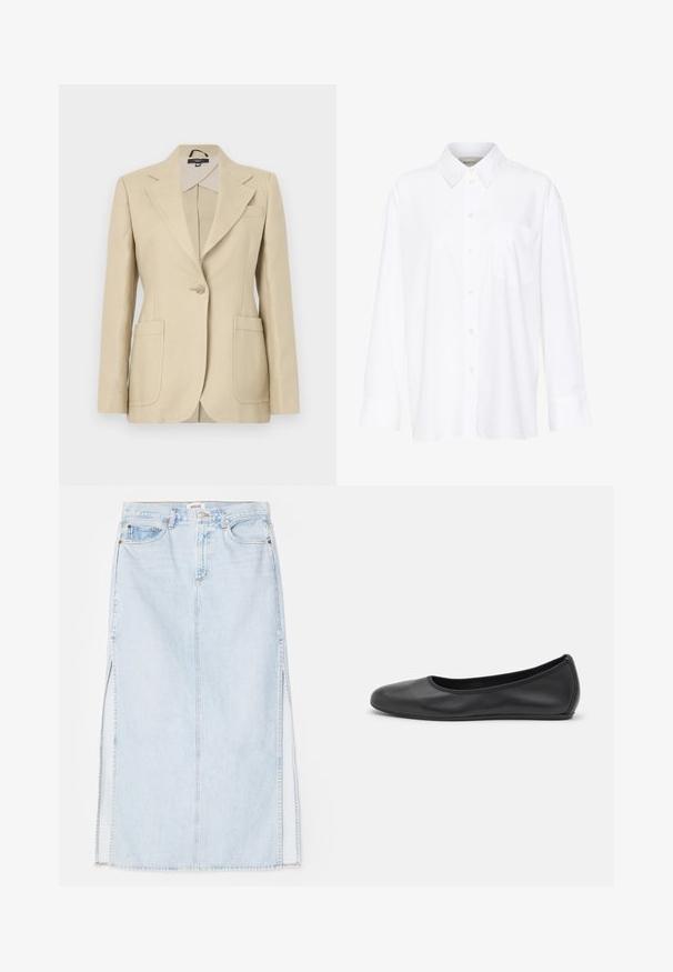 Bež obsežen blazer z ukrivljenim ovratnikom, enojnim gumbom in dvema sprednjima žepoma. Narejen iz tkane tkanine z gladko teksturo.; Bela dolga majica s kragnico iz bombaža. Ima gumbno zapenjanje spredaj in eno žep na prsih. Gladka tekstura, sproščen kroj.; Svetlo modra jeanska maxi krilna obleka s ravnim krojem, ki ima stranske odprtine in pet žepov. Izstopajoče šivanje in kovinski gumb za zapiranje.; Črne usnjene balerinke z zaobljenim nosom, gladko teksturo, minimalnimi šivi in fleksibilno zasnovo podplata.