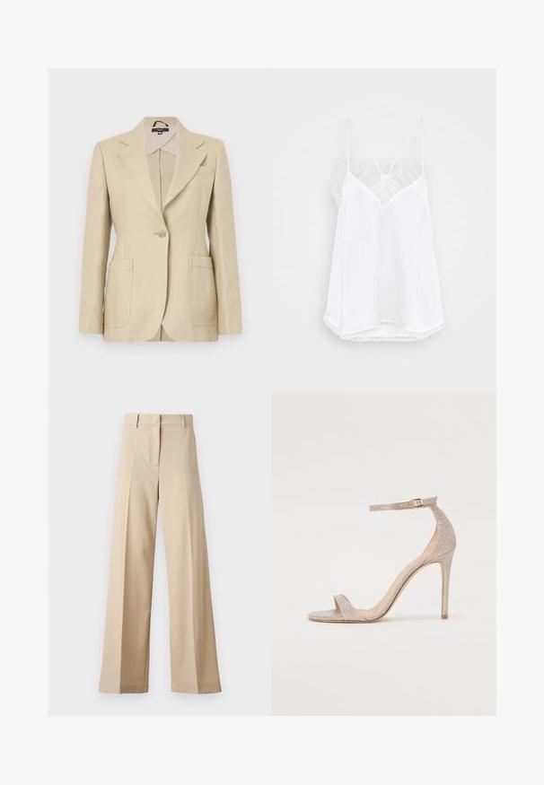 Smėlinis pritaikytas bleizeris su išpjauta apykakle, vienu mygtuku, ir dviem priekinėmis kišenėmis. pagamintas iš audinio su lygiu paviršiumi.; Balta camizola su V formos iškirpte, plonais petnešomis, tekstūruota nėrinių apdaila ant pečių ir lenkta apatinė dalis. Lygi audinio tekstūra.; Smėliniai plačių kojų kelnių pagamintos iš lygaus audinio, su plokščiu priekiu su klostėmis, užtrauktuku ir kilpomis diržui. Visapusiškai pritaikyta forma.; Metaliniu rožiniu auksu padabinti aukštakulniai sandalai su dirželiais, turintys tekstūruotą viršutinę dalį, atvirą pirštą ir kulkšnies dirželį su auksiniu sagtimi.