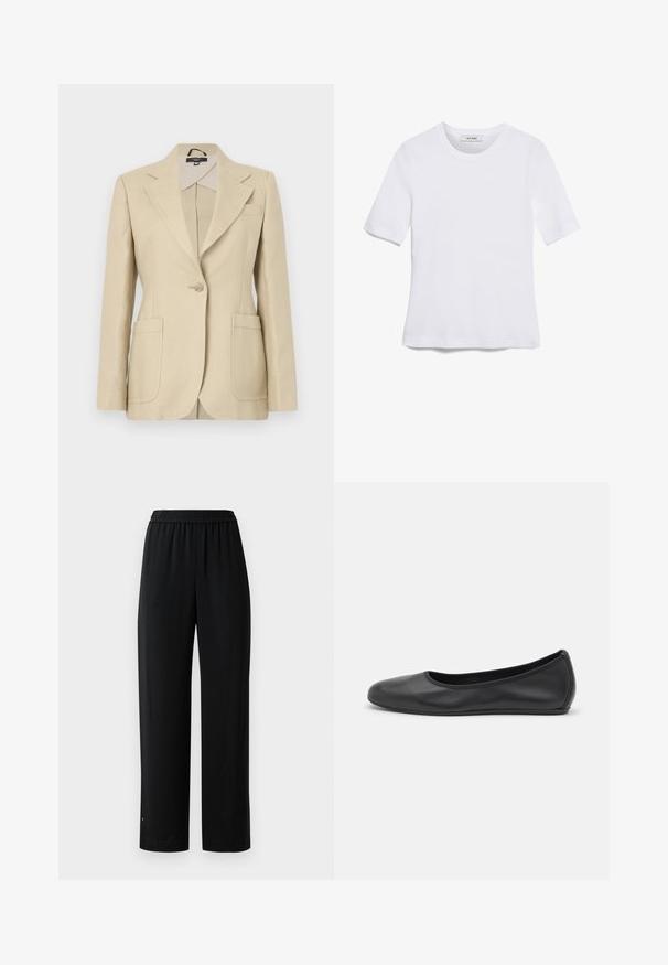 Beige tailored blazer with a notched lapel, single button closure, and two front pockets. Made of woven fabric with a smooth texture.; White short-sleeve t-shirt made of ribbed fabric. Round neckline, regular fit, and subtle stitching details. No patterns or graphics.; Black wide-leg pants made of smooth fabric with an elastic waistband. Features a straight cut and minimal detailing. Suitable for casual wear.; Black leather ballet flat with a rounded toe, smooth texture, minimal stitching detail, and a flexible sole design.
