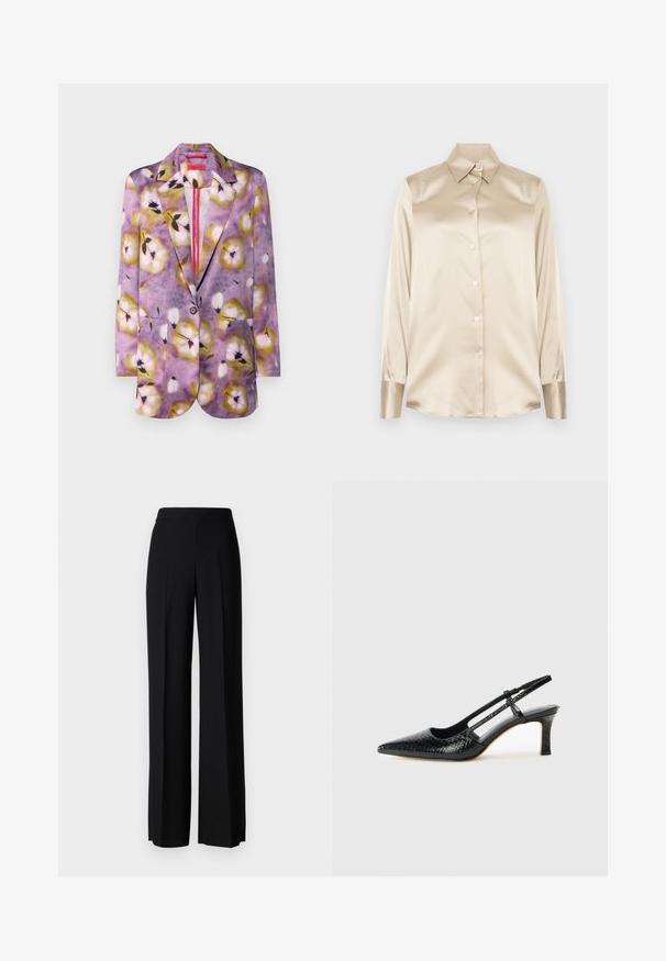 Blazer stampato con motivo floreale in tonalità di viola, giallo e bianco. Presenta due tasche frontali e una chiusura con bottone singolo.; Camicia in satin beige con colletto a punta, maniche lunghe, chiusura con bottoni e polsini con una finitura leggermente più lucida. Senza motivi né accenti.; Pantaloni neri a gamba larga con una texture liscia, dotati di una vita alta e pieghe centrali. Nessun motivo visibile o dettagli in metallo.; Slingback con tacco in vernice nera con punta affusolata, caratterizzato da una stampa a serpente testurizzata, cinturino regolabile e un tacco corto e testurizzato.