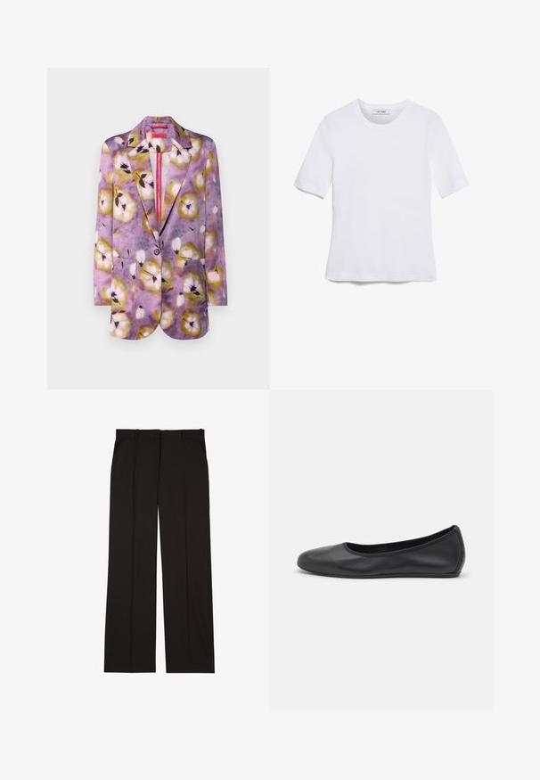 Blazer stampato con motivo floreale in tonalità di viola, giallo e bianco. Presenta due tasche frontali e una chiusura con bottone singolo.; T-shirt bianca a maniche corte realizzata in tessuto a costine. Collo rotondo, vestibilità regolare e dettagli di cucitura sottili. Senza motivi o grafiche.; Pantaloni neri su misura realizzati in un tessuto liscio, con un design a gamba dritta e due tasche laterali. Costruzione elegante e minimalista.; Pantofole da balletto nere in pelle con punta arrotondata, texture liscia, dettagli di cucitura minimi e design con suola flessibile.