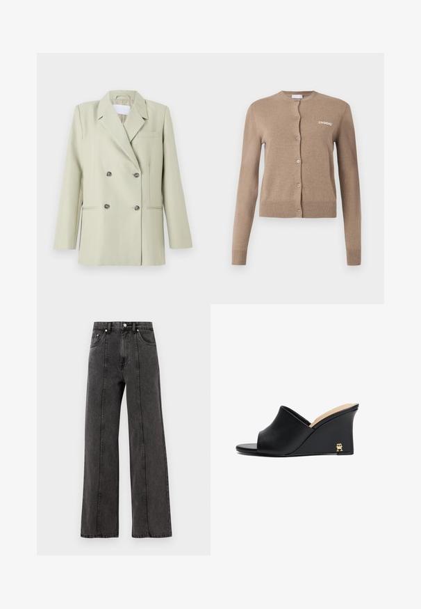 Divkārša blazera jaka gaiši zaļā audumā. Ar iegrieztiem laktiem, krūšu kabatu un divām priekšējām kabatām ar tumšiem pogām.; Bežs adīts kardigāns ar garām piedurknēm, apaļu kakla izgriezumu un pogu aizdari. Iezīmēts ar ribotu apakšmalu un aprocēm, uz priekšpuses ir izšūts "2ND DAY".; Pelēka bezpiedurkņu ribota topiņa ar apaļu apkakli un taisnu apakšmalu, ar teksturētu audumu un smalkām šuvēm uz pleciem.; Melni denim platajās bikses ar augstu jostasvietu, ar priekšējiem kabatām, redzamām šuvēm un tīru apdari. Bez rotājumiem vai abrazīviem efektiem.; Melnas ādas klinšu slide sandales ar atvērtu purngalu un izliekta dizaina, ar zelta metāla akcentu uz papēža. Gluda tekstūra.