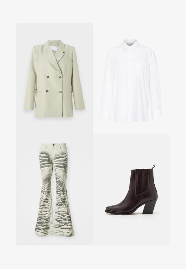 Dvouřadový blazer ze světlezeleného materiálu. Má klopové límce, náprsní kapsu a dvě přední kapsy s tmavými knoflíky.; Bílá košile s dlouhým rukávem a límečkem vyrobená z bavlny. Má knoflíkovou přední část a jedno kapsičku na prsou. Hladký povrch, volný střih.; Světlé zvonové džíny s texturovanými černými horizontálními pruhy a vrásčitou úpravou, s předními kapsami a kovovým zapínáním na knoflík.; Tmavě hnědé kožené kotníkové boty s špičatou špičkou, s vertikálním žebrovaným detailem po straně a středně vysokým blokovým podpatkem.