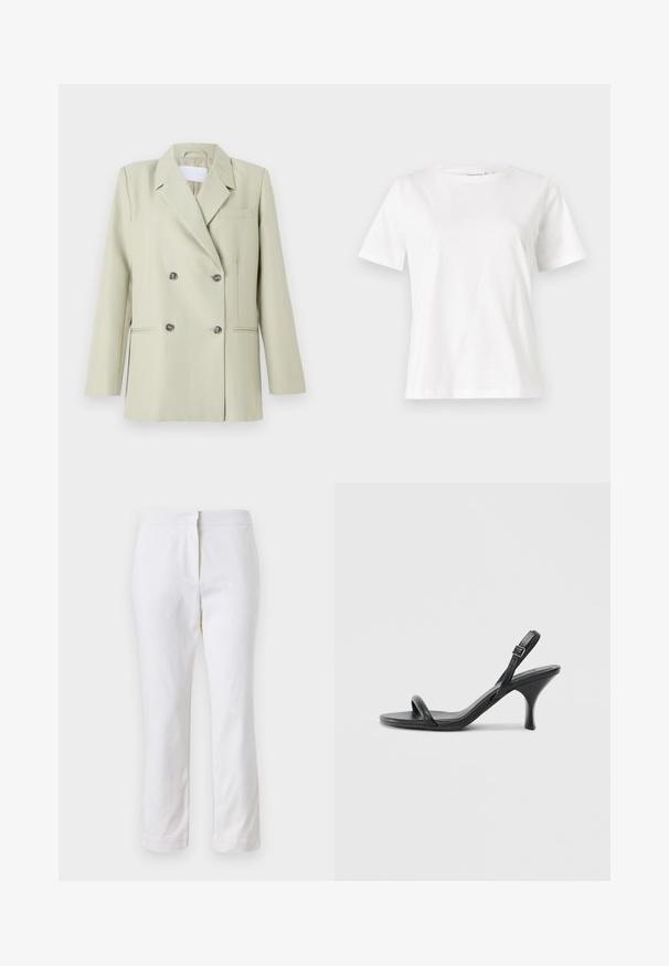 Blazer doppiopetto in tessuto verde chiaro. Presenta rever a punta, una tasca sul petto e due tasche frontali con bottoni scuri.; T-shirt bianca in cotone con maniche corte, scollatura rotonda e vestibilità rilassata. Struttura liscia, senza motivi né accenti, design minimalista.; Pantaloni bianchi in cotone con design a gamba dritta, caratterizzati da una vita a media altezza e senza hardware o motivi visibili. Tessuto liscio su tutta la superficie.; Sandali con tacco alto in pelle nera, con tacco sottile e curvo e design a fascia incrociata. Cinghia alla caviglia regolabile. Texture liscia.