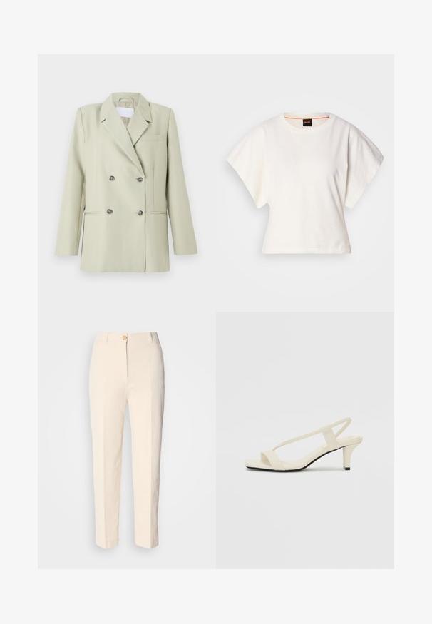 Dubbelzijdig blazer in lichtgroene stof. Voorzien van revers, een borstzak en twee voorzakken met donkere knopen.; Witte gecropte T-shirt, korte brede mouwen, zachte katoenmaterialen, ronde halslijn met subtiele oranje rand, minimalistisch ontwerp, geen patronen of graphics.; Crèmekleurige, hooggerocalde broeken van een gestructureerde stof. Voorzien van een sluiting met knoop aan de voorkant en taps toelopende pijpen.; Beige blockhak sandalen met dunne bandjes en een vierkante neus. Glad materiaal met minimale details, ontworpen voor eenvoudig dragen.