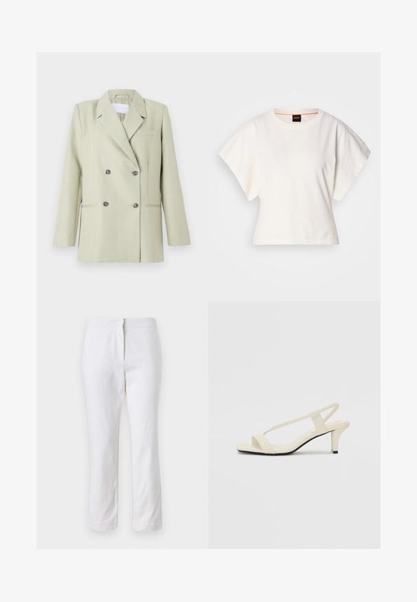 Blazer croisé en tissu vert clair. Présente des revers crantés, une poche poitrine et deux poches avant avec des boutons foncés.; T-shirt blanc cintré, manches courtes et larges, en coton doux, décolleté rond avec une discrète bordure orange, design minimaliste, sans motifs ni graphiques.; Pantalons en coton blancs avec une coupe droite, dotés d'une taille mi-haute et sans matériel ou motifs visibles. Texture lisse sur l'ensemble.; Sandales beiges à talons carrés avec des fines brides et un bout carré. Matière lisse avec des détails minimaux, conçues pour un port facile.