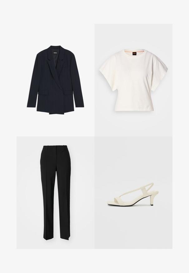 Blazer a righe sottili blu navy con design su misura, chiusura doppiopetto, rever a lancia e due tasche frontali. Tessuto dalla trama liscia.; T-shirt bianca cropped, maniche corte e larghe, tessuto di cotone morbido, scollatura rotonda con bordino arancione sottile, design minimale, senza motivi o grafiche.; Pantaloni neri su misura con un design a gamba dritta, caratterizzati da una texture liscia e pieghe ben definite sul davanti. Senza hardware visibile.; Sandali con tacco a blocco beige, con sottili cinturini e punta quadrata. Materiale liscio con dettagli minimi, progettati per un facile utilizzo.