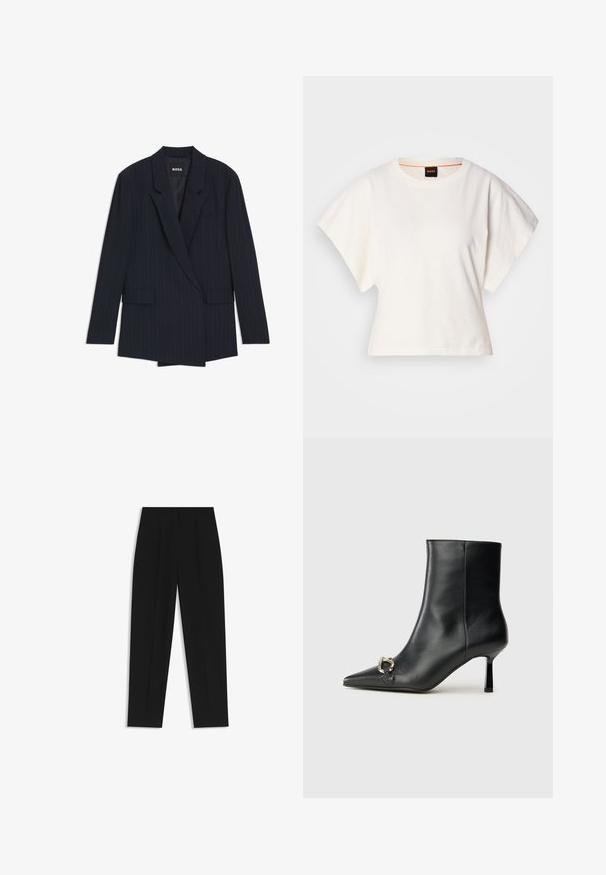 Navy pinstriped blazer with a tailored design, double-breasted closure, notched lapels, and two front pockets. Smooth fabric texture.; White cropped T-shirt, short wide sleeves, soft cotton material, round neckline with subtle orange trim, minimal design, no patterns or graphics.; Black trousers with a straight fit, featuring double pleats, a smooth texture, and a classic waistband design. No visible hardware or accents.; Black leather ankle boot with pointed toe, slim mid-height heel, and silver buckle detail on side against plain background.