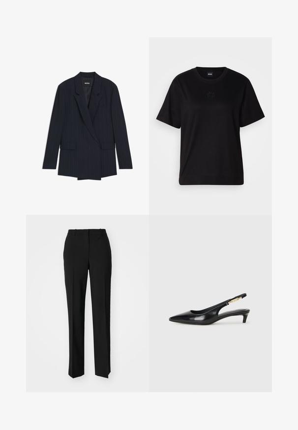 Navy pinstriped blazer with a tailored design, double-breasted closure, notched lapels, and two front pockets. Smooth fabric texture.; Black cotton t-shirt with a crew neckline, short sleeves, and an embroidered logo on the chest. Simple, relaxed fit with no patterns.; Black tailored trousers with a straight-leg design, featuring a smooth texture and crisp creases along the front. No visible hardware.; Black leather slingback heels with a pointed toe, featuring a slim heel and a gold-tone accent on the adjustable strap. Smooth texture.