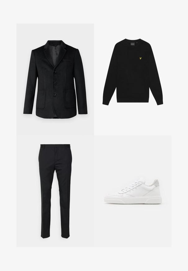 Blazer negro con solapas muestradas, tres botones en la parte delantera, dos bolsillos laterales y detalles de costura tono sobre tono en el frente. Textura suave y lisa.; Sudadera de algodón negra con mangas largas y cuello redondo. Cuenta con un pequeño logo de águila amarilla en el pecho. Textura suave.; Pantalones negros ajustados con corte recto, hechos de tejido suave. Presentan trabillas y detalle de pliegue en la parte frontal.; Zapatillas de cuero blanca con un acabado suave, punta redondeada, cordones planos y una suela texturada. Acento de ante gris en el talón.