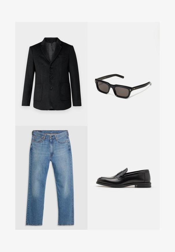 Zwarte blazer met een geknipt revers, drie voorknopen, twee zijzakken en tonale stiksels aan de voorkant. Zachte, gladde textuur.; Zwarte coltrui gemaakt van een zacht breimateriaal. Heeft lange mouwen, een geribbelde kraag en zoom. Eenvoudig, strak ontwerp zonder patronen.; Blauwe straight-leg denim jeans met een sluiting van knoop en rits aan de voorkant, riemlussen en een vijf-pocketontwerp op een witte achtergrond.; Zwarte leren instappers met een gladde textuur, ronde neus en een decoratieve band over de wreef. Lage, gestapelde hak en minimalistisch ontwerp.; Zwarte rechthoekige zonnebril met donkere lenzen, een dik plastic montuur, gouden accenten op de veren en het merkembleem gegraveerd op de arm.; Smalle zwarte stropdas met een gestructureerd, diagonaal ribbelpatroon. Beschikt over een spitse punt en een gladde afwerking. Geschikt voor formele kleding.