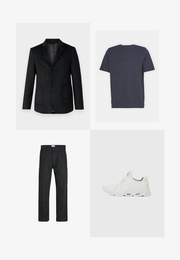 Svart blazer med spetsig krage, tre framknappar, två sidofickor och tonal sömnadsdetaljer på framsidan. Mjuk, slät textur.; Mörkblåt t-shirt med rund halsringning, tillverkad av mjukt bomullsblandat tyg, med korta ärmar och normal passform. Inga synliga mönster eller detaljer.; Svarta byxor i slitstarkt tyg, med rak bendesign, stickade detaljer och två framfickor för funktionalitet.; Vitaidande sportskor i vitt med en texturerad stickad ovandel, platta snören och en vadderad sula med synliga luftkammare för extra stöd.