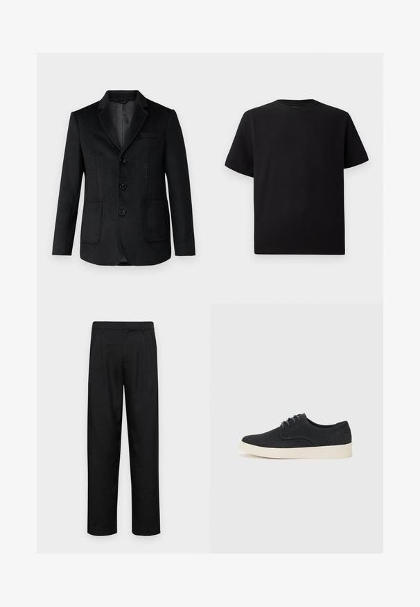 Schwarze Blazer mit Reverskragen, drei vorderen Knöpfen, zwei Seitentaschen und tonalen Stichdetails auf der Vorderseite. Weiche, glatte Textur.; Schwarzes Kurzarm-T-Shirt aus strukturiertem Stoff, mit einem Rundhalsausschnitt und einer lockeren Passform. Einfach, ohne Muster oder Akzente.; Schwarze Hose aus glattem Stoff, mit geradem Bein Design, zwei vorderen Falten und einem Standardbund mit Gürtelschlaufen.; Schwarzes Wildleder-Schnürschuh mit runder Spitze, leichtem cremfarbenem Sohlen und dezenten blauen Stickakzenten auf dem Obermaterial.