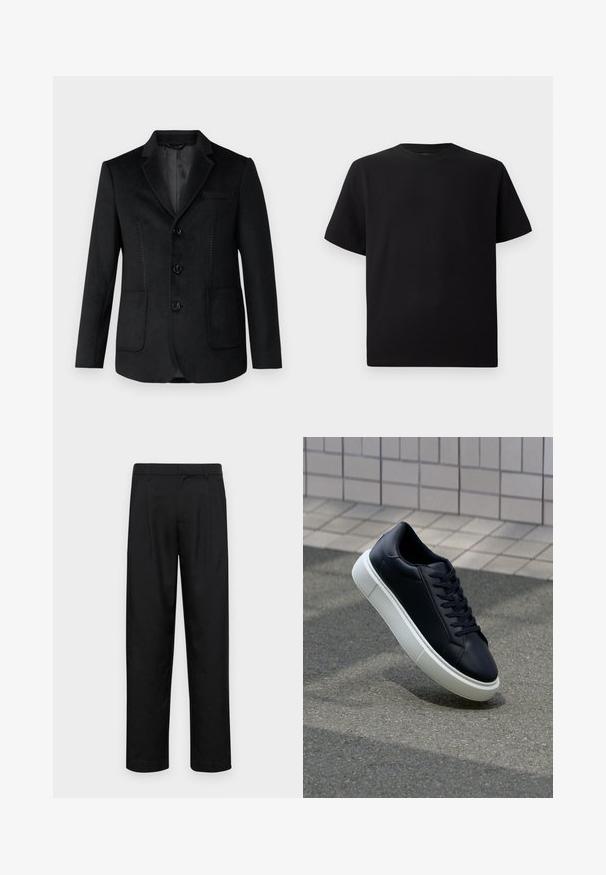Black blazer with a notched lapel, three front buttons, two side pockets, and tonal stitching details on the front. Soft, smooth texture.; Black short-sleeve T-shirt made of textured fabric, featuring a round neckline and a relaxed fit. Simple, no patterns or accents.; Black trousers made of smooth fabric, featuring a straight-leg design, two front pleats, and standard waistband with belt loops.; Black leather sneaker with rounded toe and white rubber sole. Features flat laces and minimal stitching on the upper. Textured sole for grip.