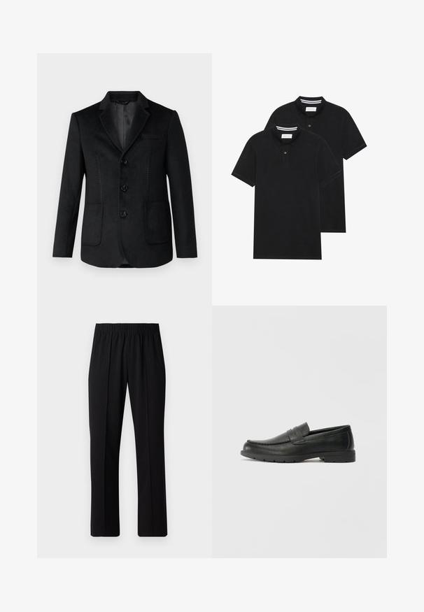 Black blazer with a notched lapel, three front buttons, two side pockets, and tonal stitching details on the front. Soft, smooth texture.; Two black polo shirts, short-sleeved, cotton material, featuring a classic collar, two-button placket, and white striped accents inside the collar.; Black, elastic-waist trousers with a straight-leg design, featuring a smooth texture and no visible patterns or hardware.; Black leather loafers with a smooth finish, moccasin-style upper, stitched detailing, and a rubber sole. Classic design with a low heel.