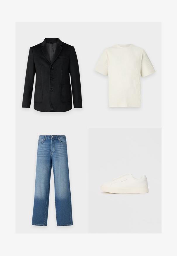 Mustapuku, jossa on viistetyt kaulukset, kolme nappia edessä, kaksi sivutaskua ja sävyyn sointuva ommel koristelu etuosassa. Pehmeä, sileä tekstuuri.; Vaaleanbeige ribattu t-paita, jossa on lyhyet hihat ja pyöreä kaula-aukko, esiteltynä yksinkertaisen valkoisen taustan edessä.; Siniset vyötäröltä korkeat suorat farkut, joiden reiteissä on haalistumia ja tummempaa varjostusta haalareiden lähellä, näkyy etupainike ja taskut.; Valkoiset liukusukat, joissa on teksturoitu pinta, paksu pohja ja minimalistikot. Sivulla on brändin logo.