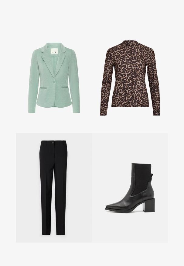 Vaaleanvihreä blazer, joka on valmistettu teksturoidusta kankaasta. Siinä on pääntie, yksi napitus ja kaksi etutaskua, ja se on muotoiltu istuvaksi.; Leopardikuvioinen pitkähihainen paita, jossa on korkea kaula, valmistettu joustavasta kankaasta. Hihnassa on vaalea pohja ruskeilla pilkuilla. Sileä rakenne, tiukka malli.; Mustat muotolahkeiset housut, joissa on suora lahkeiden muotoilu, varustettuna nappikiinnityksellä ja vyölenkeillä, valmistettu sileästä kankaasta.; Mustapohjaiset nilkkurit, joissa on terävä kärki, valmistettu sileästä nahasta ja joustavasta kankaasta. Varustettu palakorkolla ja minimalistisella muotoilulla.