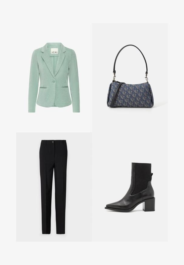 Gaiši zaļš žakets, izgatavots no teksturēta auduma. Tam ir iedobts apkakle, viens pogu aizvērums un divas priekšējās kabatas ar piegriezuma fit.; Ilgās piedurknēs leopardu raksta blūze ar augstu izgriezumu, izgatavota no elastīga auduma. Tam ir bēša pamatne ar brūniem plankumiem. Gluda faktūra, pieguļošs dizains.; Melni piegrieztie bikses ar taisnu kāju dizainu, ar pogu slēgšanu un jostu cilpām, izgatavotas no gludas auduma.; Melnas potītes botas ar norādītu purngalu, izgatavotas no gludas ādas un elastīgas auduma. Ievērojamas ar bloku papēdi un minimālistisku dizainu.; Zila ar rakstu somiņa, kas izgatavota no auduma, ar izliekta formu, melnu ādas siksnu un logotipa dizainu gaišākā tonī.