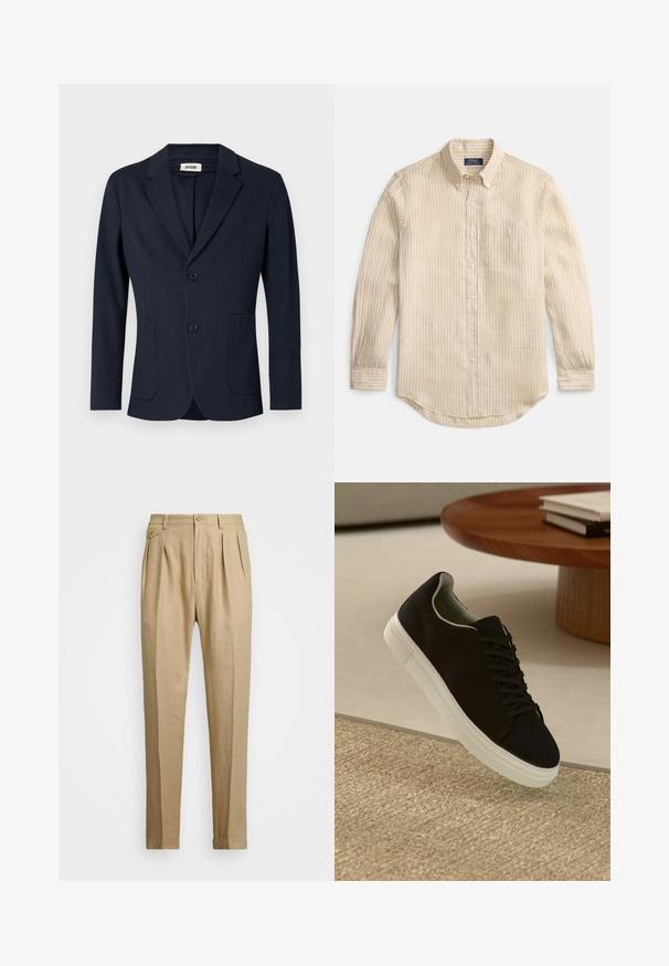 Blazer azul-marinho estruturado com lapelas recortadas, dois bolsos frontais e dois botões. Apresenta um tecido suave e um corte ajustado.; Camisa bege de manga comprida com botões, riscas verticais brancas, gola com botões, bolso no peito e etiqueta "Polo Ralph Lauren" no interior da gola.; Calças de linho bege com corte reto, apresentando dois plissados frontais, fecho com botão e bolsos laterais. Tecido texturizado com um acabamento suave.; Sneaker preto com sola branca flutuando acima de um tapete texturizado bege, perto de uma mesa redonda de madeira com livros empilhados.
