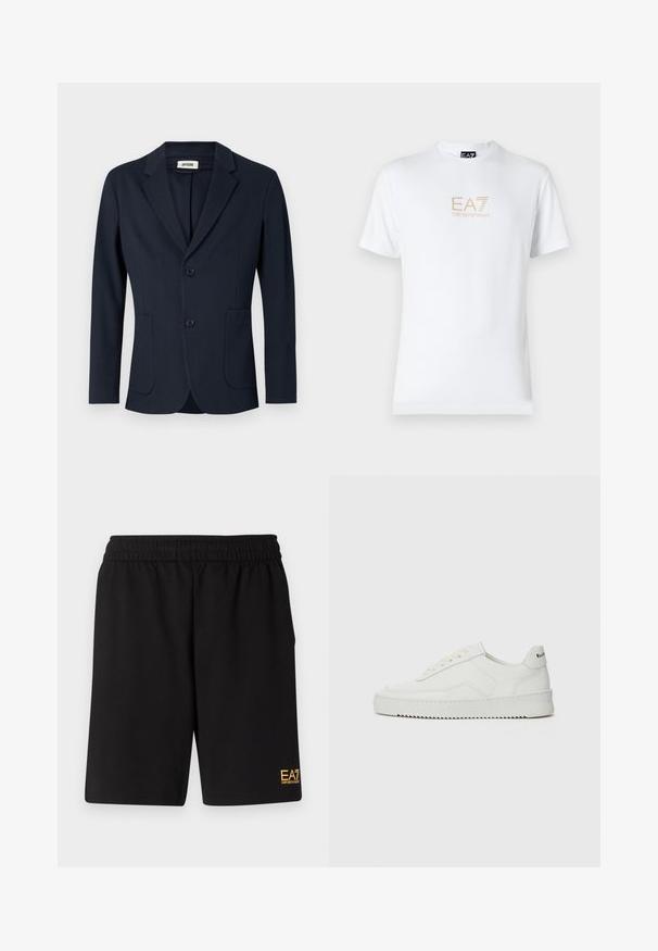 Námořnická sako s klopami, dvěma předními kapsami a dvěma knoflíky. Vyznačuje se hladkou tkaninou a strukturovaným střihem.; Bílé bavlněné tričko s kulatým výstřihem a krátkým rukávem, na přední straně s potiskem zlatého loga EA7 Emporio Armani.; Černé sportovní šortky vyrobené z měkké látky, s elastickým pasem a malým žlutým logem EA7 na dolní části levé nohy.; Bílé kožené tenisky s hladkým povrchem, kulatou špičkou, plochými tkaničkami a texturovanou podrážkou. Na patě se nachází nenápadné logo.