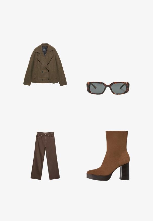 Veste double boutonnage en mélange de laine marron avec larges revers, deux poches latérales et boutons noirs. Doublure intérieure lisse. Coupe boxy.; Pull ample marron avec un col rond, fabriqué en tissu doux et texturé. Il possède des manches longues et une coupe décontractée.; Jean brown à jambes larges en denim, doté d'une taille haute, de poches avant et d'une fermeture à bouton classique. Texture lisse avec des coutures subtiles.; Botte cheville en suède marron avec un bout rond, un large talon à rayures noires et une surface lisse. Présente un design ajusté sans quincaillerie visible.; Lunettes de soleil en écaille de tortue avec des verres rectangulaires, monture épaisse et verres teintés foncés. Texture lisse et design minimaliste.