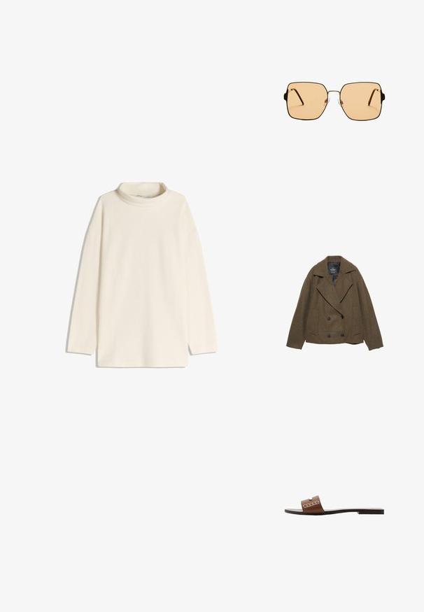 Veste double boutonnage en mélange de laine marron avec larges revers, deux poches latérales et boutons noirs. Doublure intérieure lisse. Coupe boxy.; Pull à col roulé couleur crème avec des manches longues, coupe décontractée et fentes latérales à l'ourlet. Fabriqué en tissu doux et texturé.; Sandale à glisser en cuir marron avec une semelle plate, dotée d'une large sangle et d'accents géométriques blancs pour un design minimaliste.; Lunettes de soleil carrées avec des verres marron et une fine monture en métal noir. Présente des branches angulaires et des plaquettes de nez ajustables pour un confort optimal.; Sac à main en cuir beige avec une forme unique, doté de deux poignées courtes et d'une longue sangle réglable. Texture lisse avec un minimum de matériel.